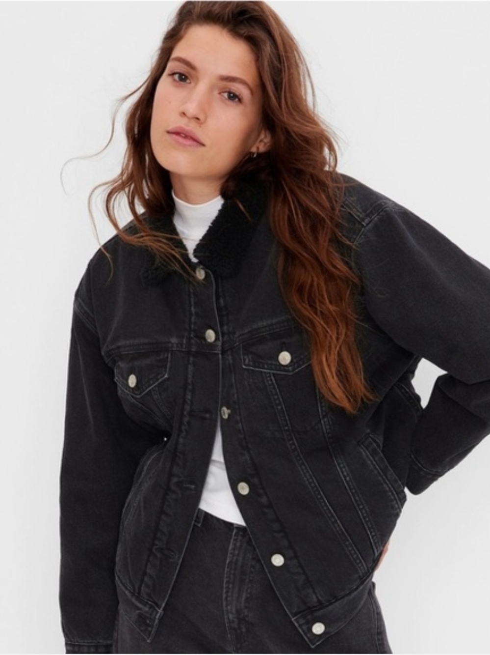 GAP Black Oversized Sherpa-Collar Denim Jacket